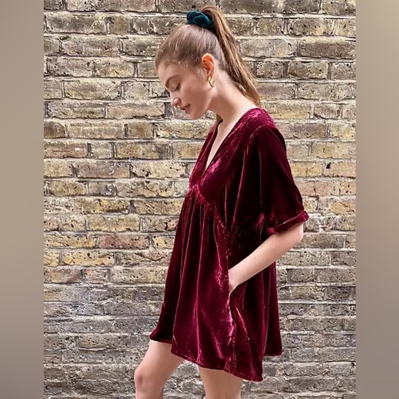 Free People CP Shades Crushed Velvet Boho Slouchy Deep V Mini T Shirt Dress - Picture 9 of 11